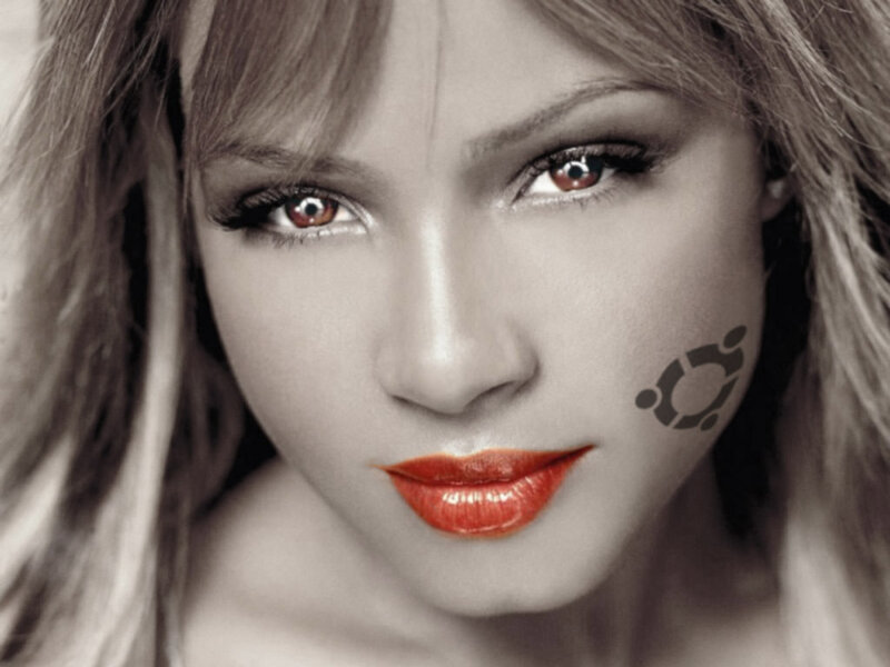 woman with red eyes and logo