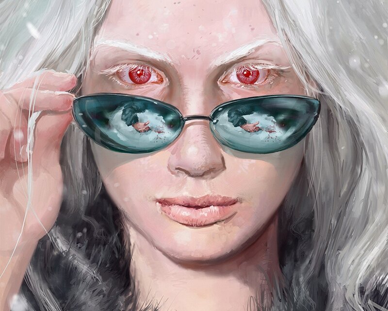 woman with red eyes and sunglasses