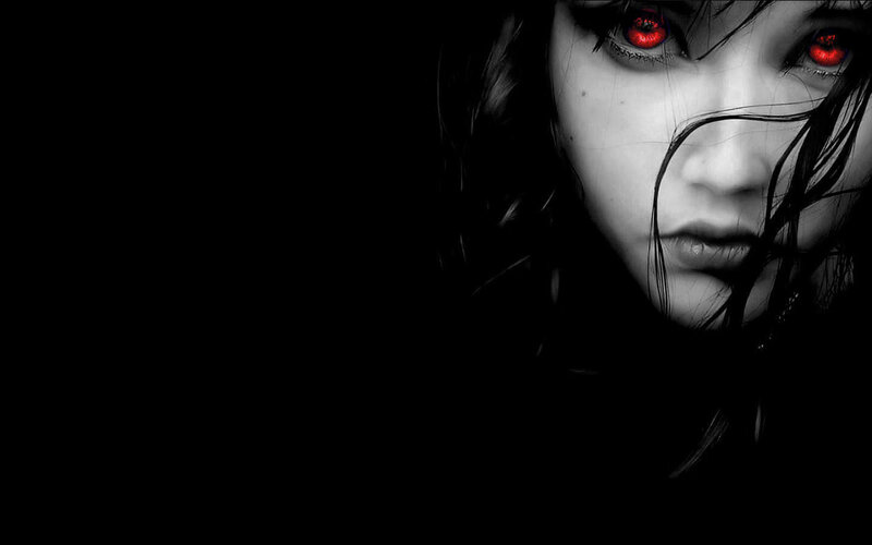 Woman with Red Eyes — Black, Dark, Digital Art, Hair