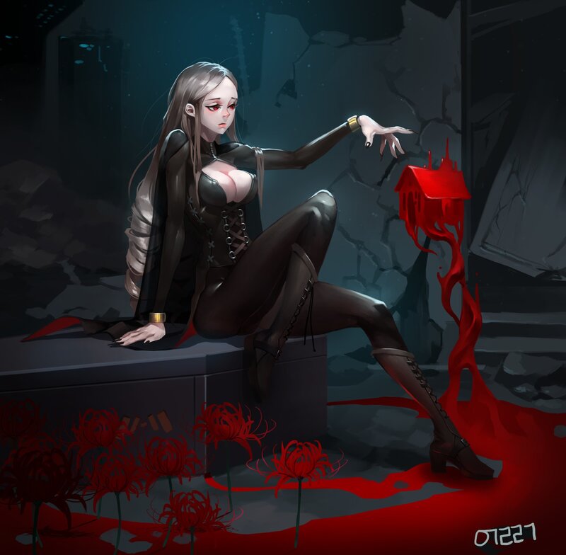 Woman with Red Eyes — Black, Dark, Night, Digital Art, Red Flowers