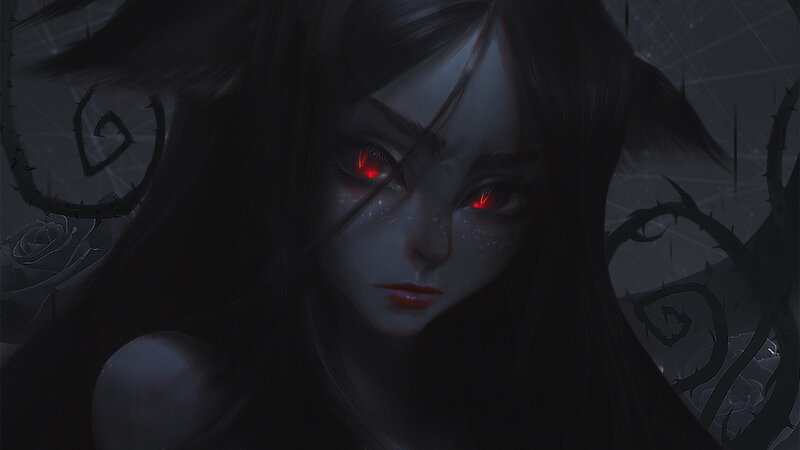 Woman with Red Eyes — Black, Dark, Night, Digital Art, Thorny Vines