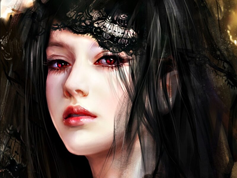 Woman with Red Eyes — Black, Dramatic, Digital Art, Black Hair