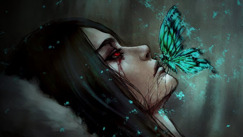 Woman with Red Eyes — Black, Dramatic, Digital Art, Butterfly