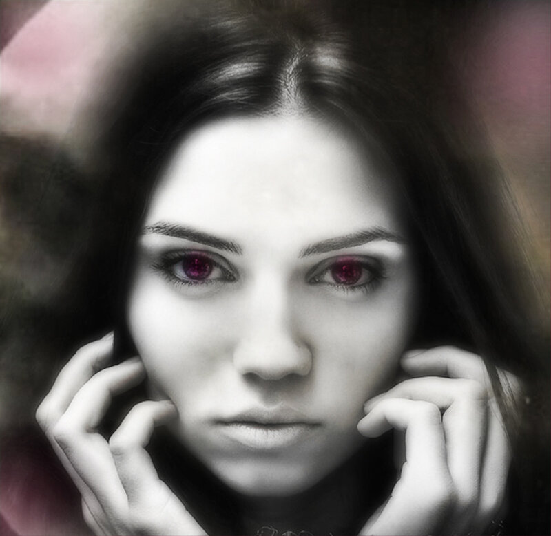 Woman with Red Eyes — Black, Dramatic, Digital Art, Hands