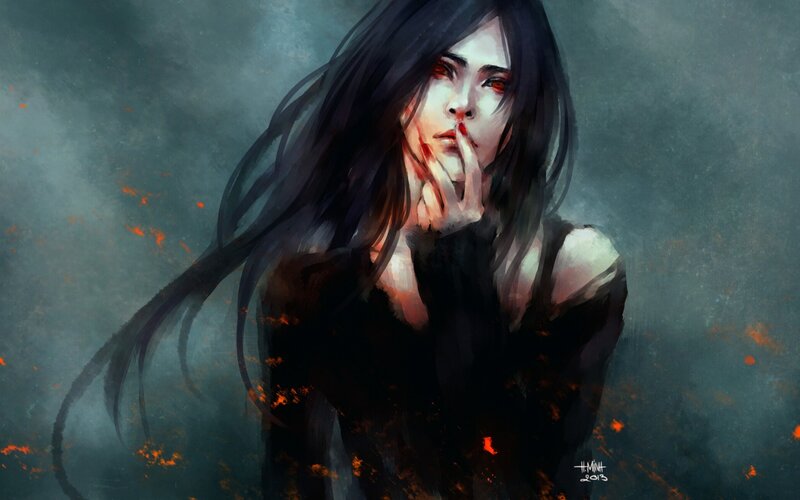 Woman with Red Eyes — Black, Dramatic, Digital Art, Long Black Hair