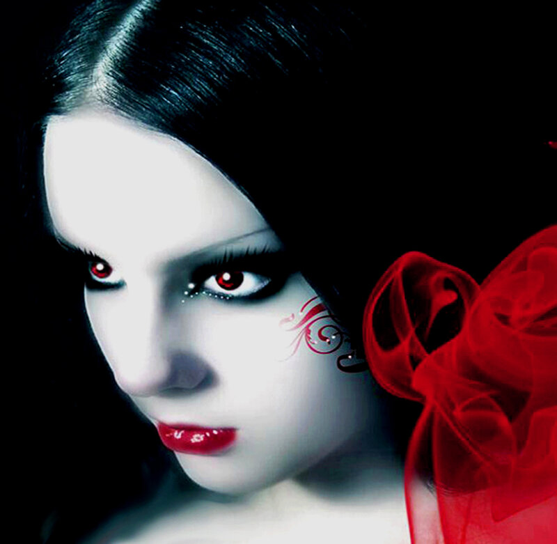 Woman with Red Eyes — Black, Dramatic, Digital Art, Red Bow