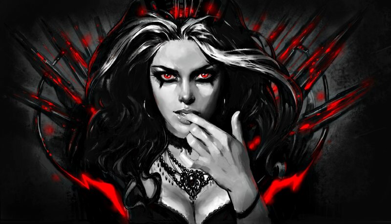 Woman with Red Eyes — Black, Dramatic, Digital Art, Red Eyes, Black Hair, Hand on Chin
