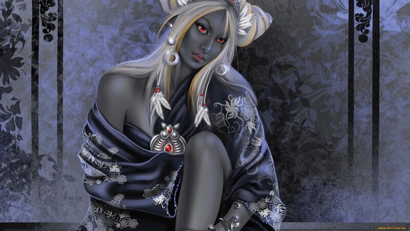 Woman with Red Eyes — Black, Dramatic, Digital Art, Red Eyes, Feather Earrings
