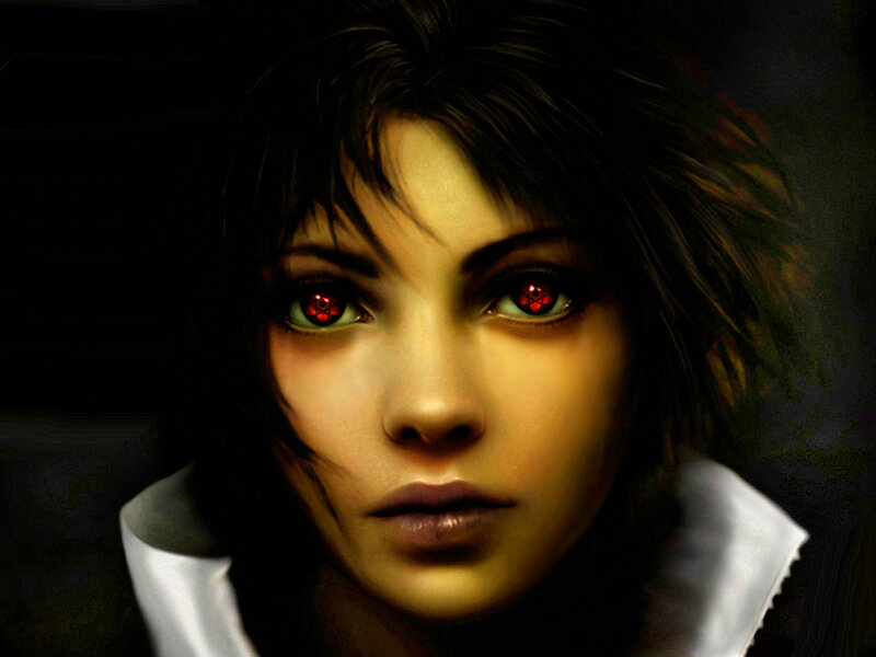 Woman with Red Eyes — Black, Dramatic, Digital Art, Red Eyes, White Collar