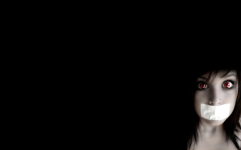 Woman with Red Eyes — Black, Dramatic, Digital Art, Tape, Dark Hair, Red Eyes, White