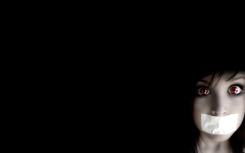 Woman with Red Eyes — Black, Dramatic, Digital Art, Tape, Red Eyes, Dark Background