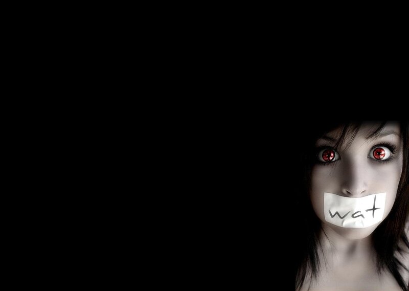Woman with Red Eyes — Black, Dramatic, Digital Art, Tape, Red Eyes, Dark Hair