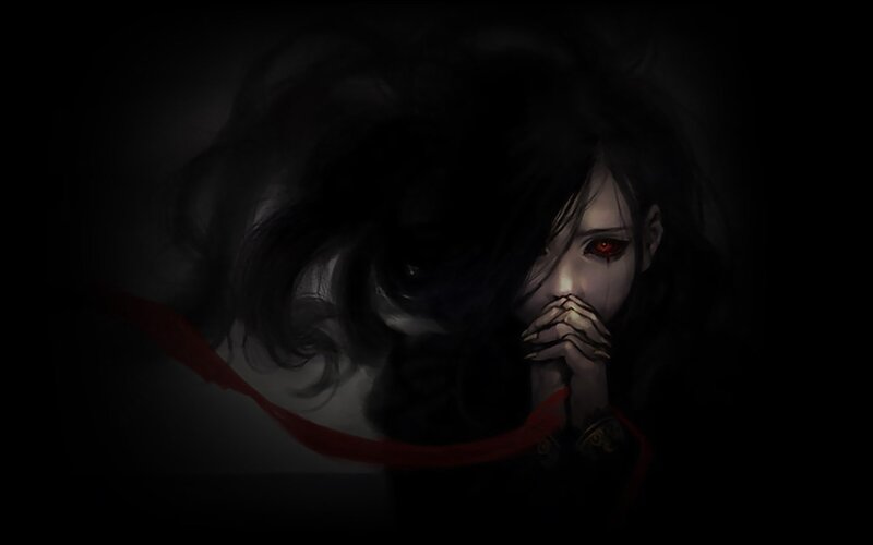 Woman with Red Eyes — Black, Dramatic, Night, Digital Art, Red Ribbon
