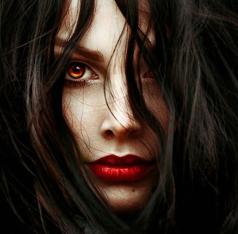 Woman with Red Eyes — Black, Dramatic, Photograph, Red Lipstick