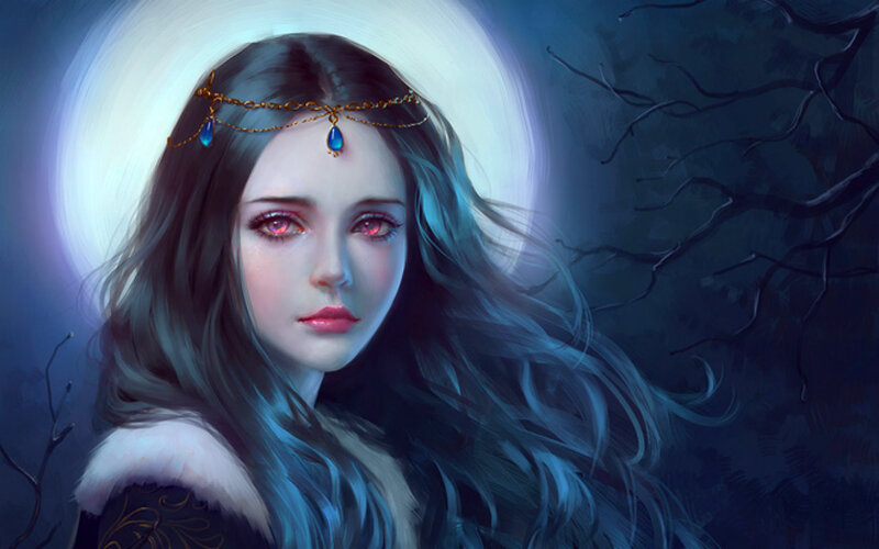 Woman with Red Eyes — Blue, Dramatic, Night, Digital Art, Moon