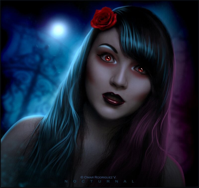 Woman with Red Eyes — Blue, Dramatic, Night, Digital Art