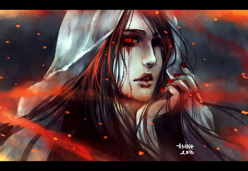 Woman with Red Eyes — Dramatic, Digital Art, Hooded Cloak, Blood, Fire