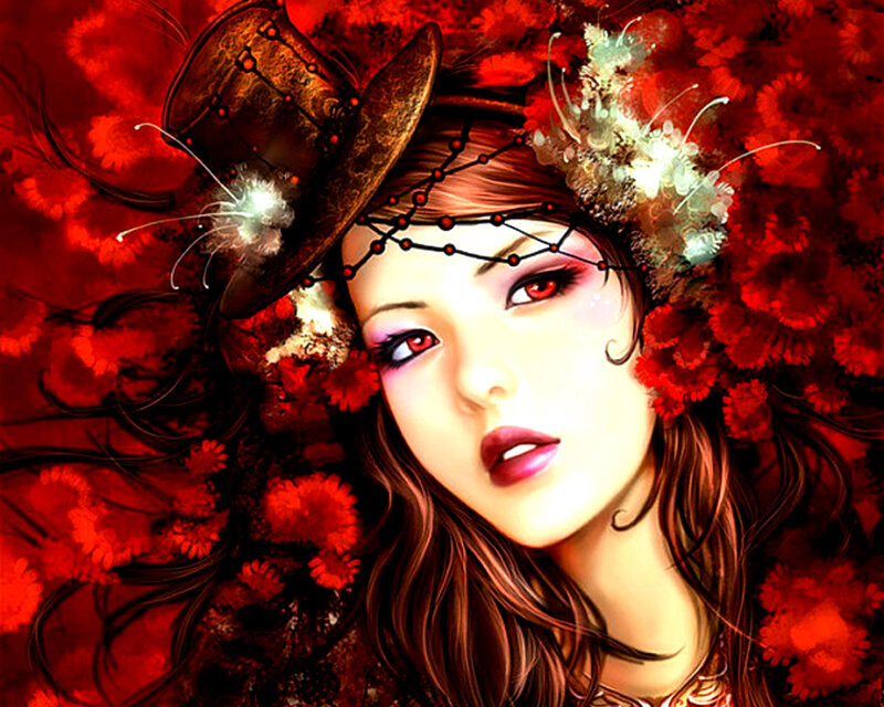 Woman with Red Eyes — Dramatic, Digital Art, Top Hat