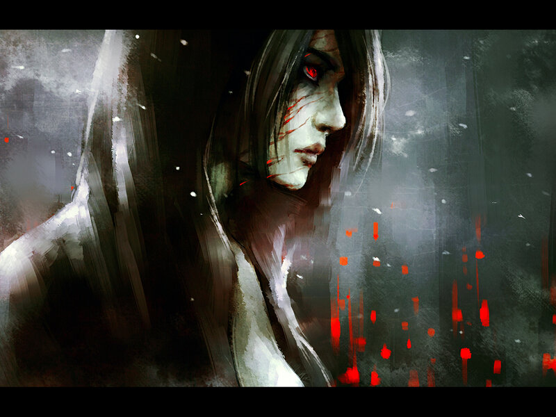 Woman with Red Eyes — Gray, Dark