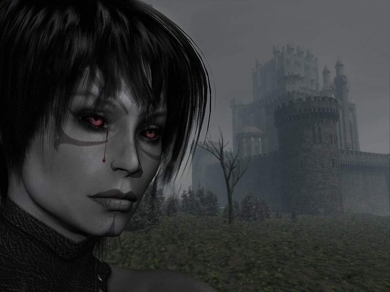 Woman with Red Eyes — Gray, Dramatic, Digital Art, Castle