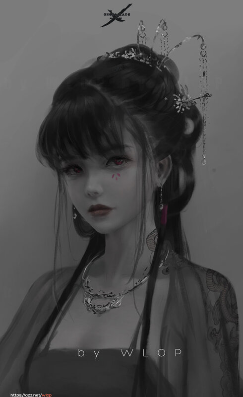 Woman with Red Eyes — Gray, Dramatic, Digital Art, Hair Ornament