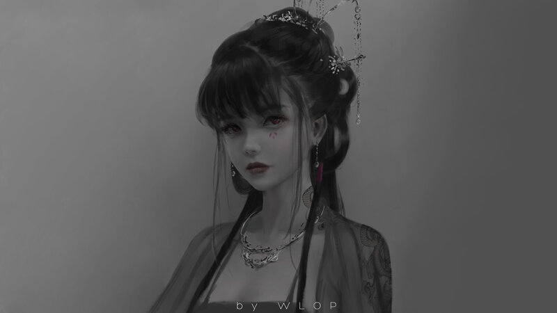 Woman with Red Eyes — Gray, Dramatic, Digital Art, Hair Ornaments