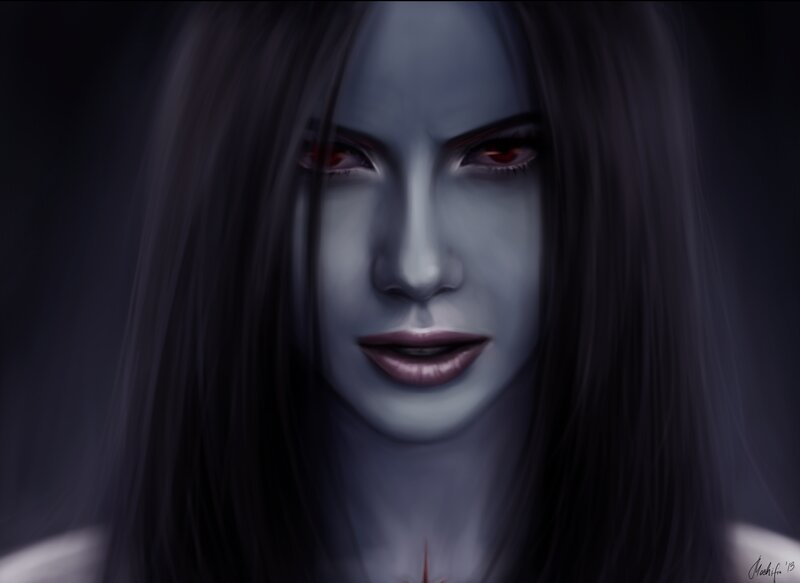 Woman with Red Eyes — Gray, Dramatic, Digital Art, Long Hair