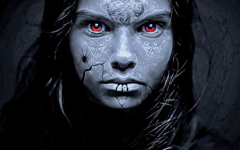 Woman with Red Eyes — Gray, Dramatic, Digital Art, Red Eyes, Tattoos