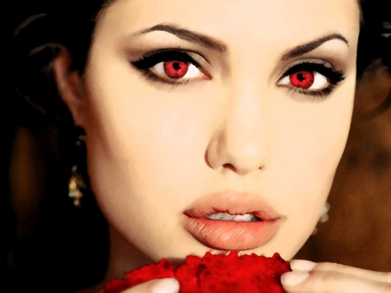 woman with red eyes holding flower