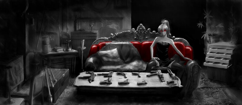 Woman with Red Eyes on Couch