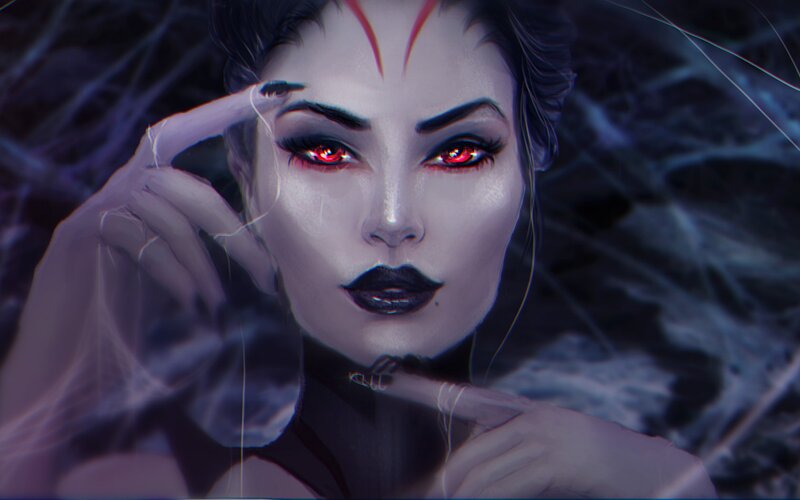 Woman with Red Eyes — Purple, Dramatic, Digital Art, Red Eyes