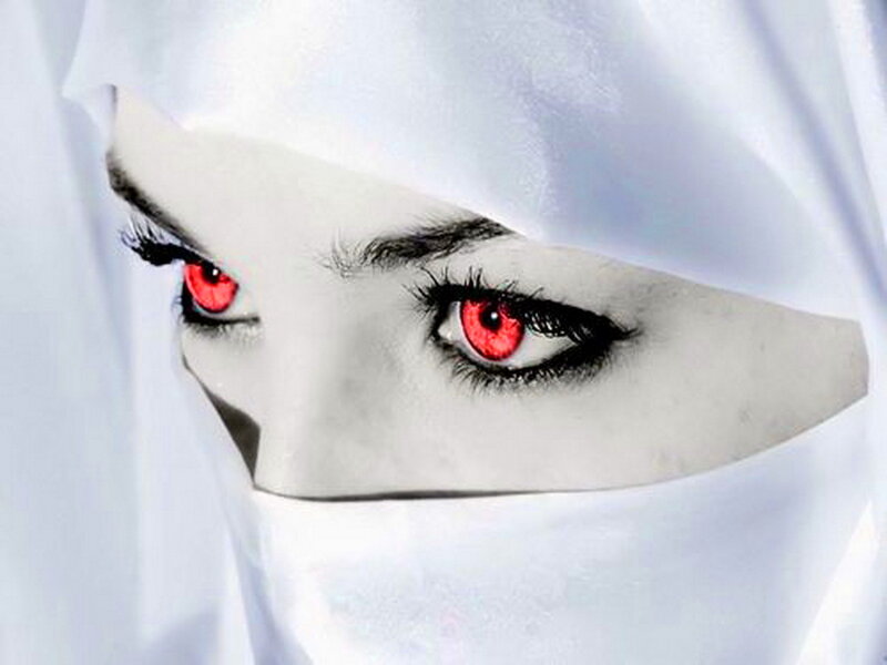 Woman with Red Eyes — White, Dramatic, Digital Art, Veil