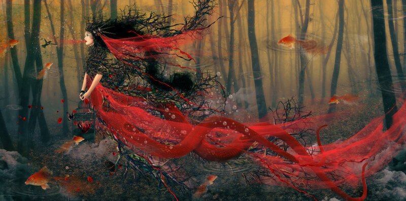 Woman with Red Fabric — Dramatic, Digital Art, Fish