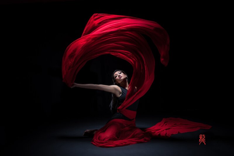 Woman with Red Fabric — Dramatic, Photograph, Dark Background, Lighting
