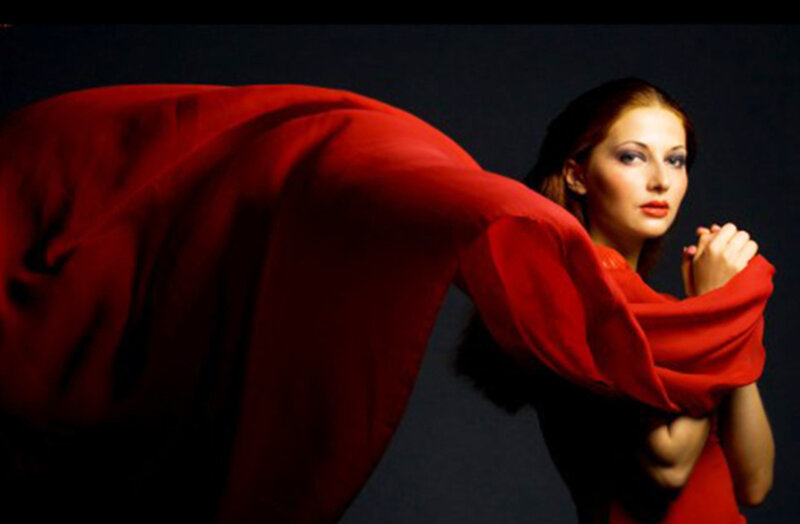 Woman with Red Fabric — Dramatic, Photograph, Dark Background