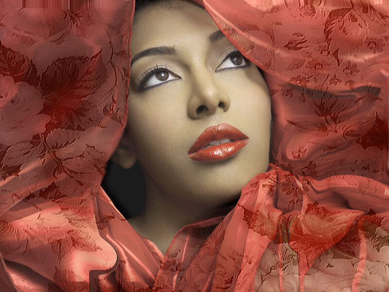 Woman with Red Fabric — Dramatic, Photograph, Lipstick