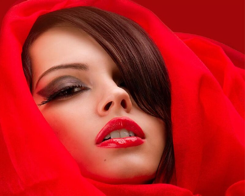 Woman with Red Fabric — Dramatic, Photograph, Makeup