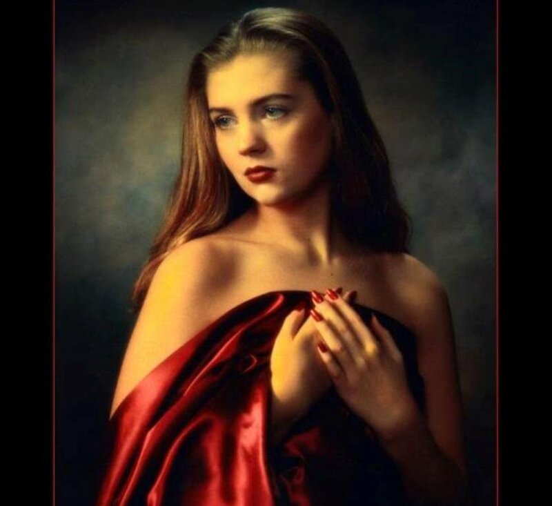 Woman with Red Fabric — Dramatic, Photograph, Red Fabric, Long Hair
