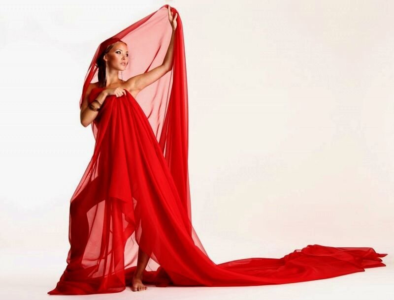Woman with Red Fabric — Dramatic, Photograph