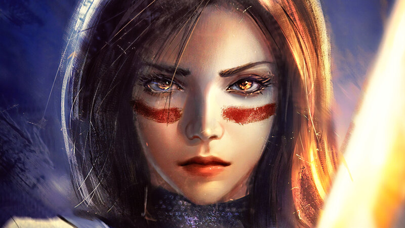 Woman with Red Face Paint — Blue