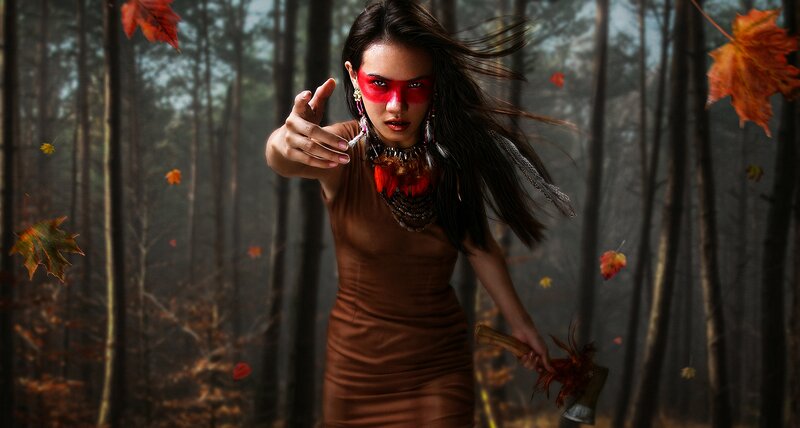 Woman with Red Face Paint — Brown