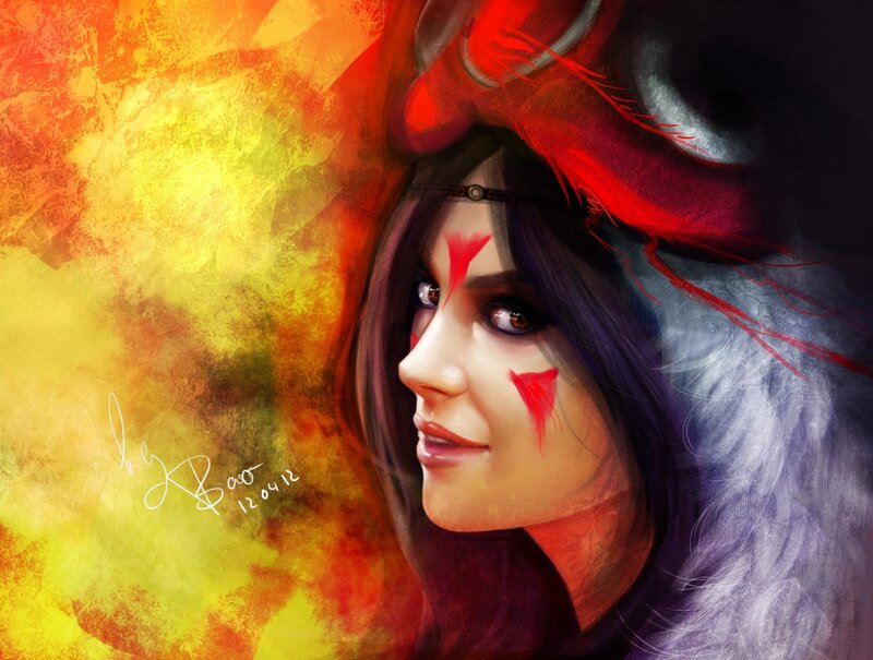 Woman with Red Face Paint — Dramatic, Digital Art, Face Paint