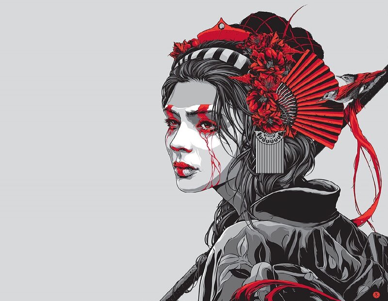 Woman with Red Face Paint — Dramatic, Digital Art, Flowers