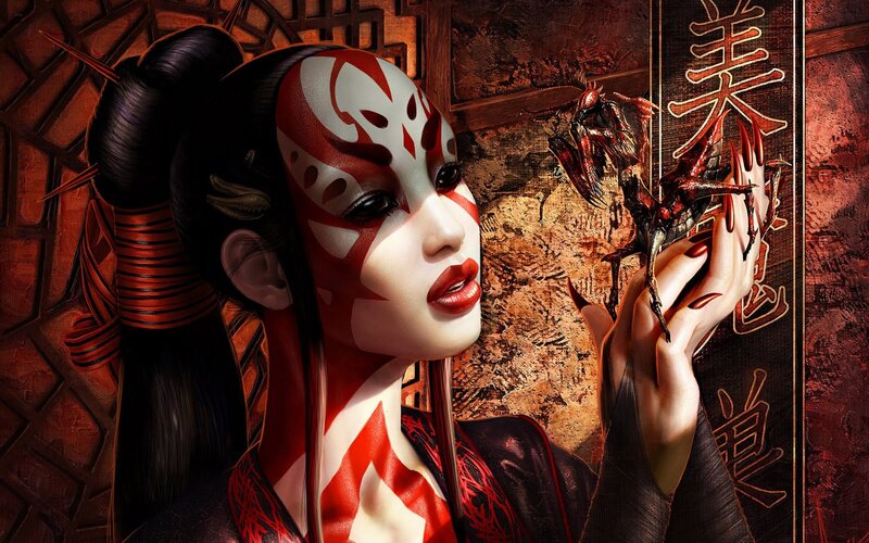 Woman with Red Face Paint — Dramatic, Digital Art, Insect
