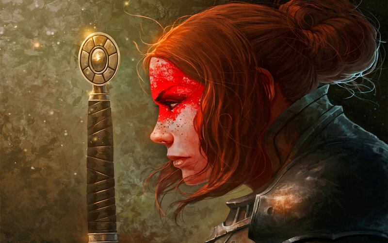 Woman with Red Face Paint — Dramatic, Digital Art, Sword
