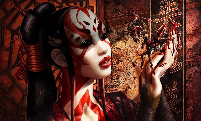 Woman with Red Face Paint — Dramatic, Digital Art