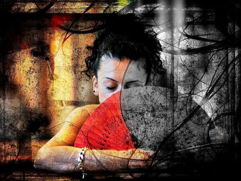 Woman with Red Fan — Dramatic