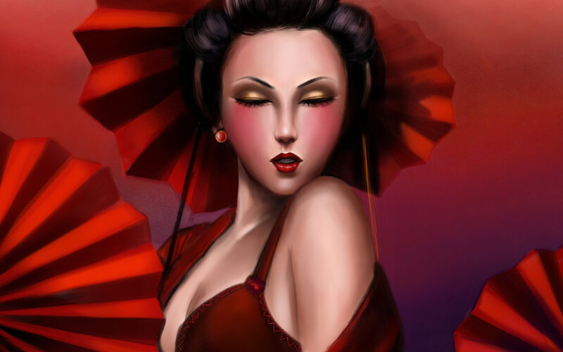 Woman with Red Fans — Dramatic