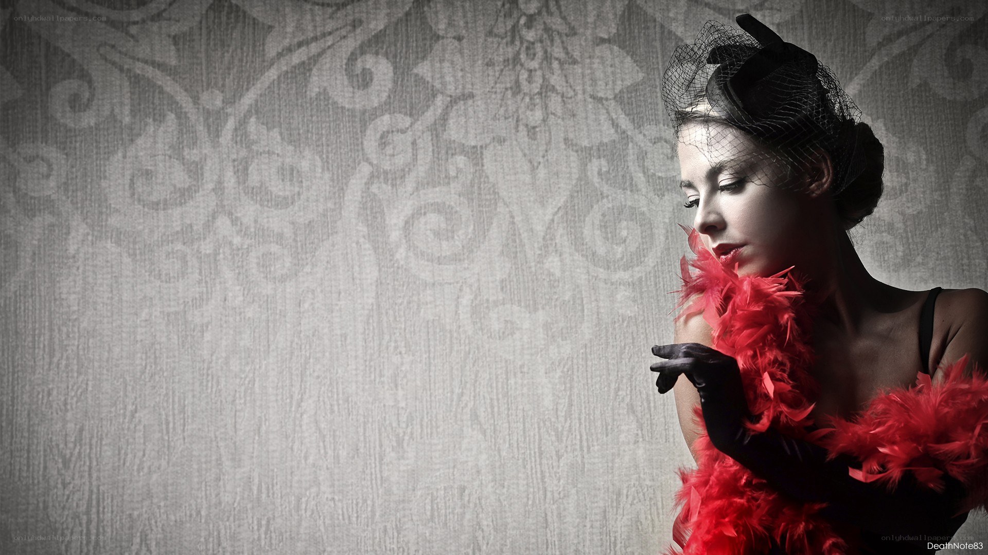 woman with red feather boa