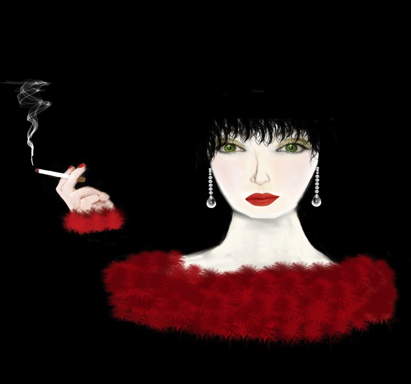 Woman with Red Feather Boa — Black